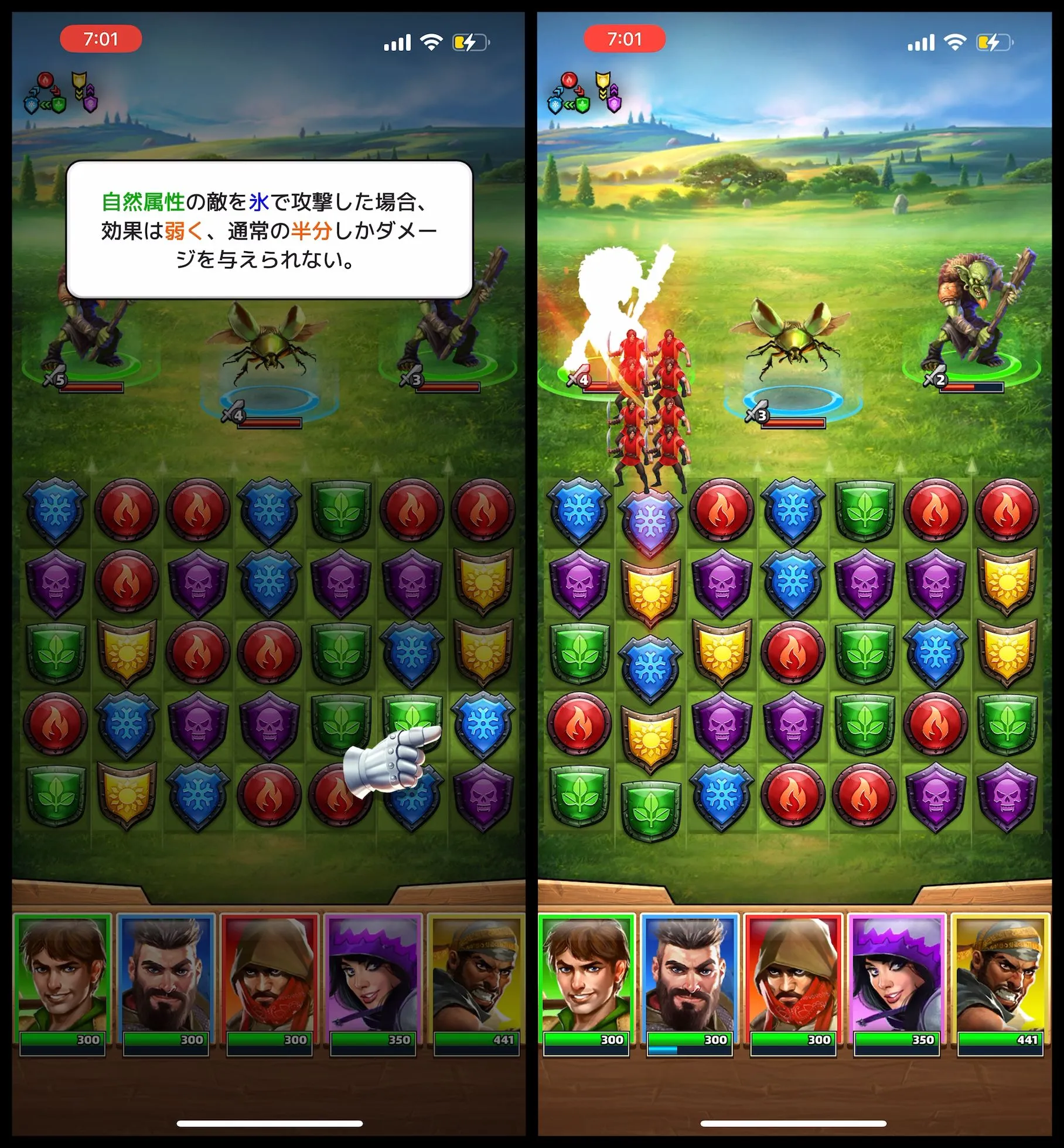 ド定番な3マッチパズルと縦列横列の消し方に考えさせられる戦闘！